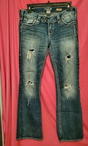 Seven7 Women's Distressed Boot Cut Jeans - Blue